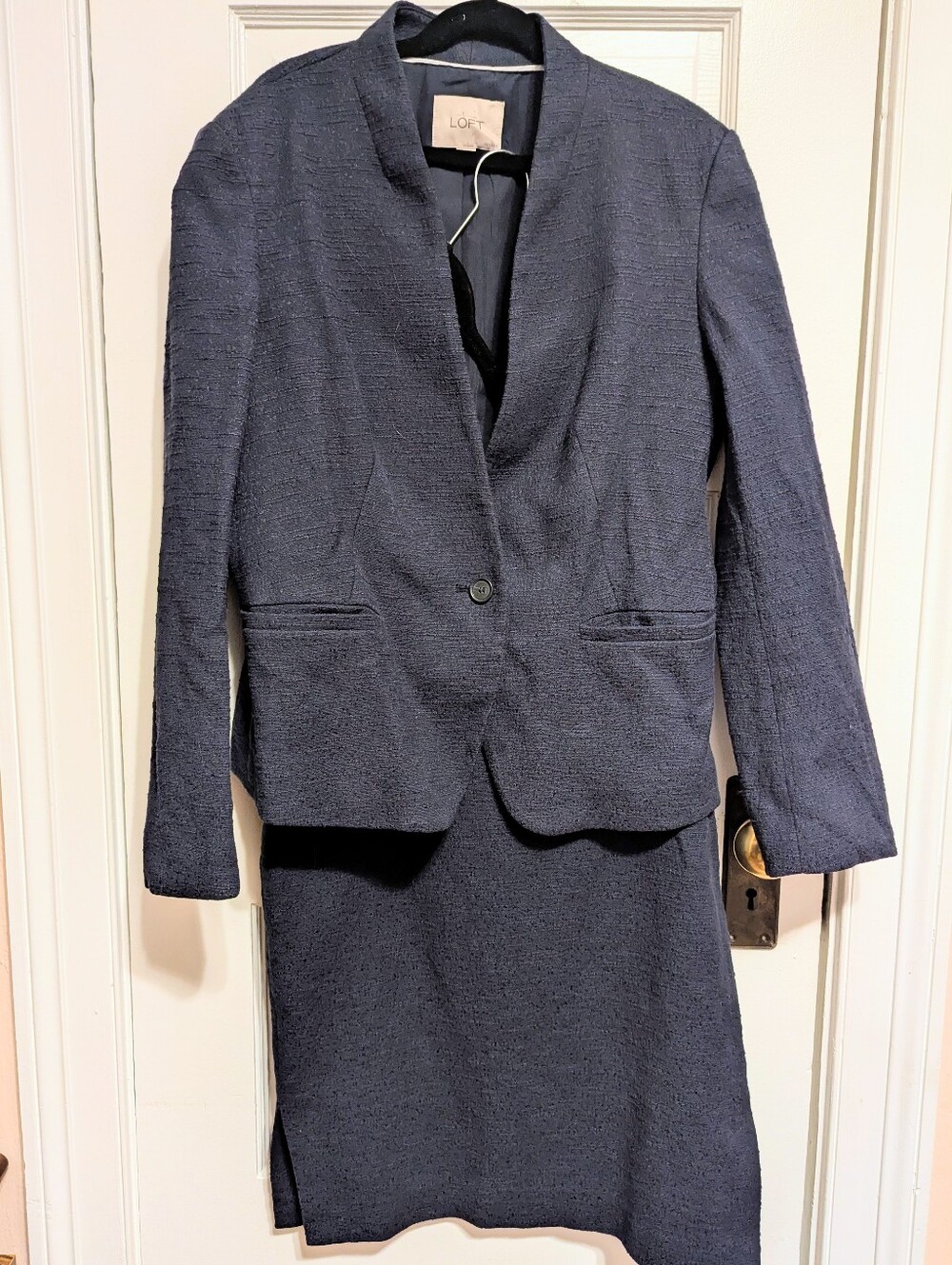 Skirt Suit: LOFT Navy Textured Single-Button Blazer and Skirt